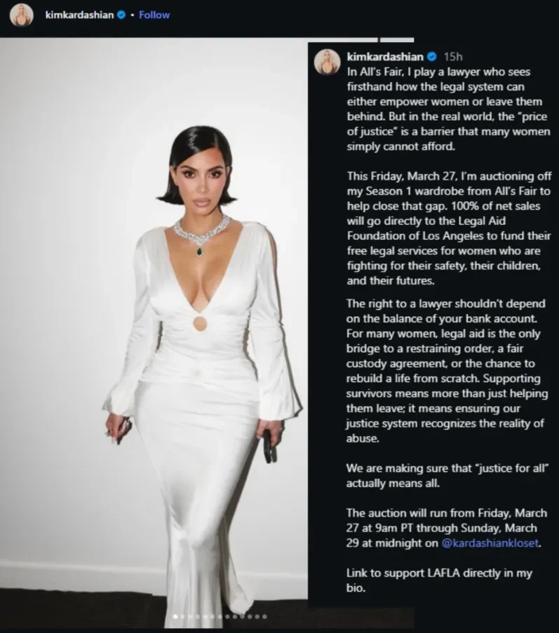 Kim Kardashian's Instagram post announcing her fundraiser in support of LAFLA.